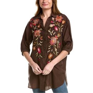 Johnny Was Workshop Rosalva Sz M Weekend Oversized Silk Tunic Embroidered